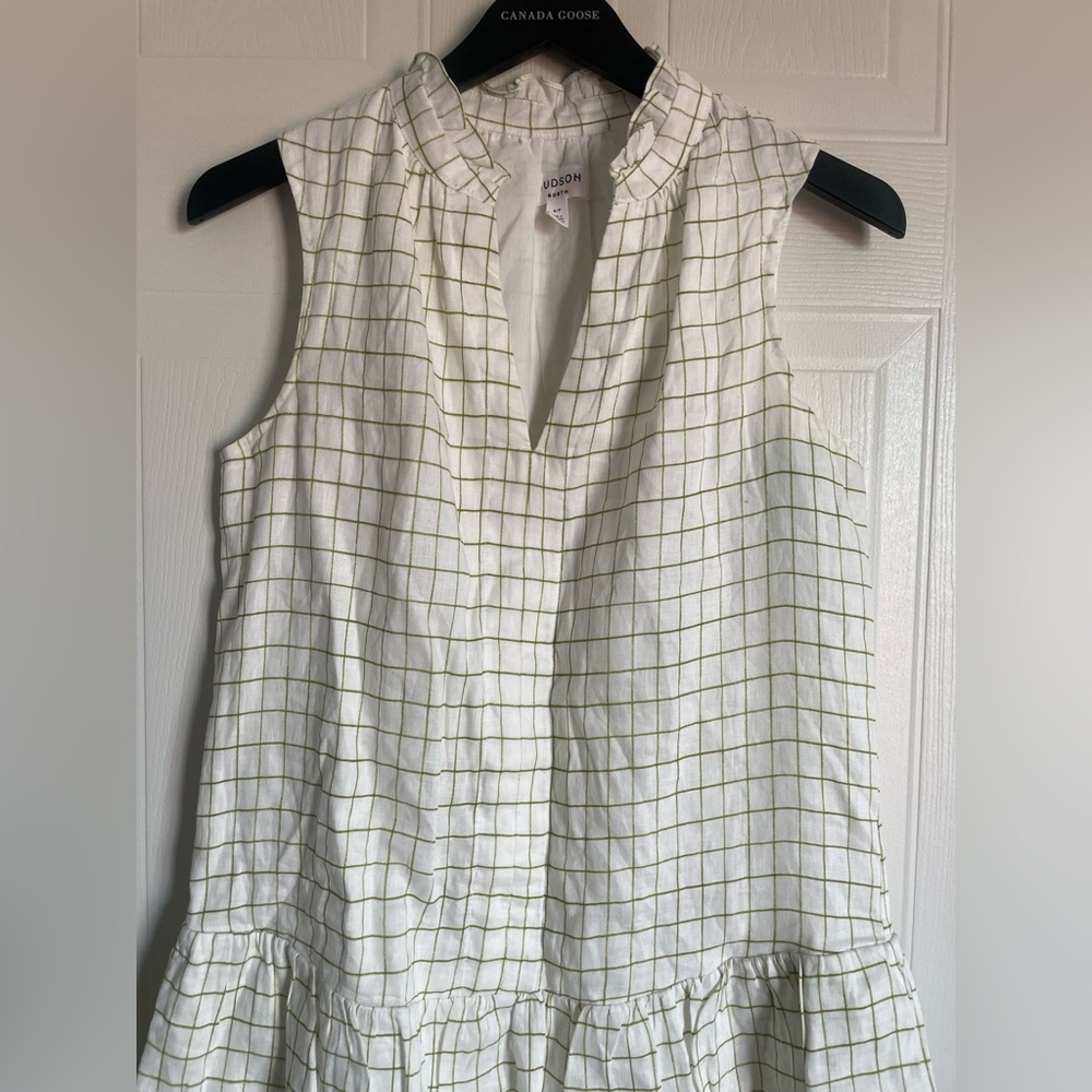 Cottagecore Picnic Linen Tiered Dress Hudson North Small White Plaid - Picture 3 of 13